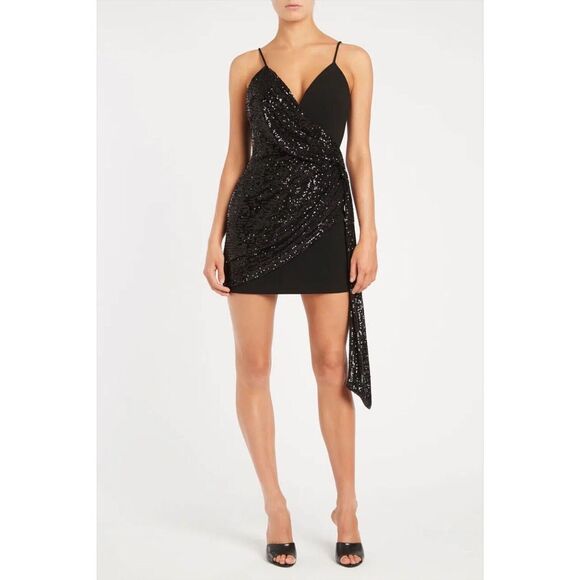 NWT Rebecca Vallance Missing Hours Black Sequin Drape Mini Dress Size 2 - Picture 1 of 11